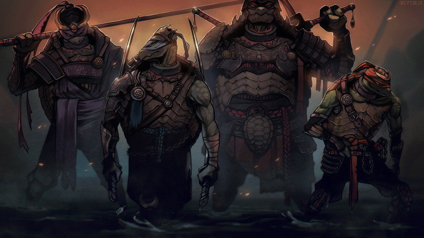 4boys armor artist_name bandana belt commentary donatello dual_wielding english_commentary helmet highres holding humanization katana leonardo looking_to_the_side male_focus mask michelangelo multiple_boys neytirix ninja no_pupils nunchaku raphael red_scarf sai_(weapon) scarf serious shell shoulder_armor siblings staff standing sword teenage_mutant_ninja_turtles turtle wading weapon