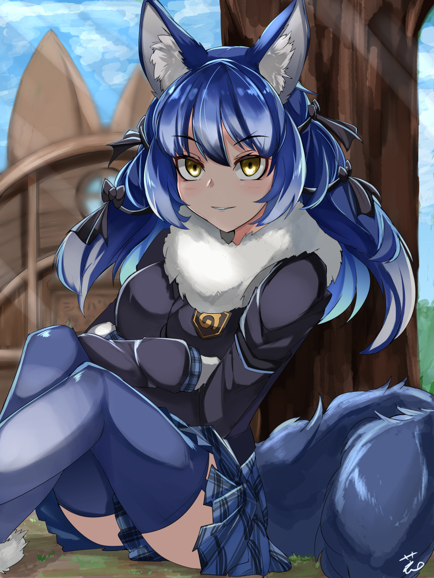 1girl absurdres animal_ear_fluff animal_ears blue_hair blue_legwear commentary_request crossed_arms day dire_wolf_(kemono_friends) empty_eyes eyebrows_visible_through_hair feet_out_of_frame garter_straps gradient_hair grin hair_between_eyes highres japari_symbol kemono_friends knees_up long_hair long_sleeves looking_at_viewer miniskirt multicolored_hair outdoors parted_lips plaid plaid_skirt plaid_sleeves pleated_skirt shi_(kamokamo910) sitting skirt smile solo sweater tail thigh-highs twintails wolf_ears wolf_girl wolf_tail yellow_eyes zettai_ryouiki