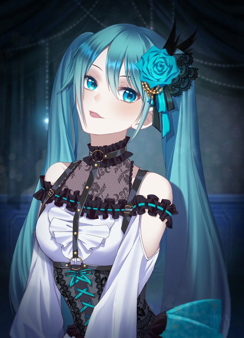 1girl absurdres blue_eyes blue_flower blue_hair blue_rose corset flower gothic hair_flower hair_ornament hatsune_miku highres looking_back mokuyu open_mouth project_sekai rose solo twintails vocaloid