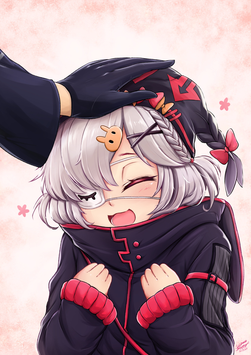 1girl absurdres arknights bangs blush closed_eyes doctor_(arknights) eyepatch gentf gloves hair_ornament hairclip hairpin hand_on_another's_head hat highres hood hoodie open_mouth ponytail popukar_(arknights) short_hair silver_hair simple_background smile swept_bangs