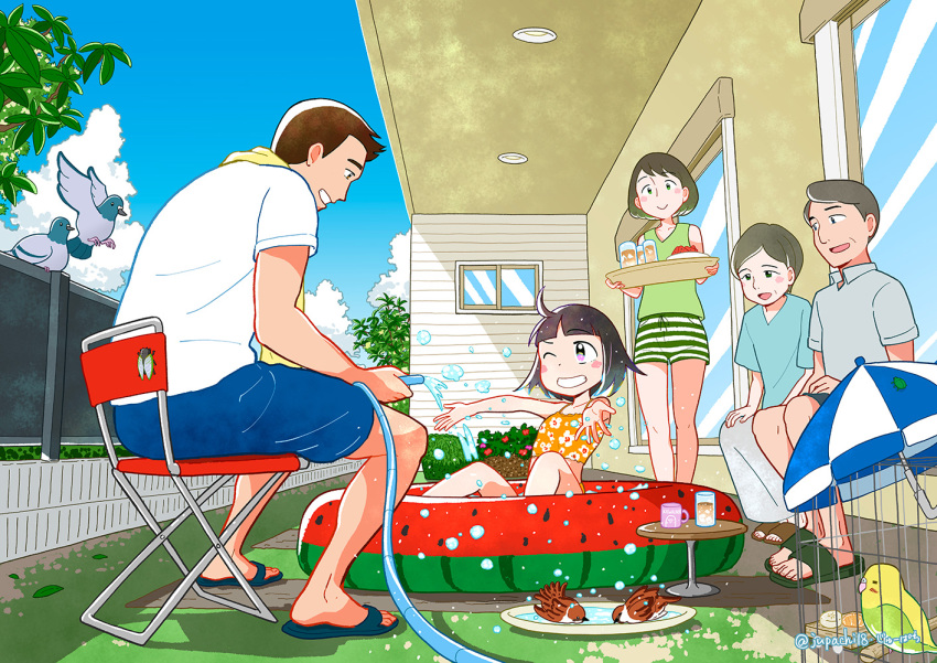 2boys 3girls bangs bird birdcage blue_shirt blue_shorts blue_sky blunt_bangs blush brown_hair building cage chair child clouds cloudy_sky cup drink fence floral_print flower green_shirt green_shorts grey_shirt grey_skirt hose house in_cage jupachi18 knees_up leaf multiple_boys multiple_girls one_eye_closed original outdoors pink_eyes profile red_flower sandals shadow shirt short_hair shorts skirt sky smile striped striped_shorts swimsuit table tray tree twitter_username umbrella wading_pool white_shirt window