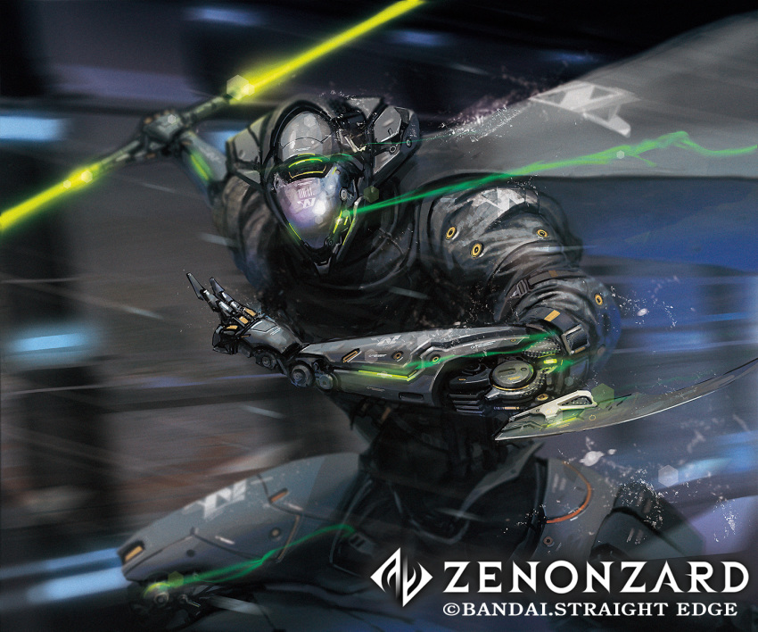 android cape charging_forward copyright_name esuthio glowing glowing_eyes highres holding holding_sword holding_weapon logo looking_ahead no_humans official_art robot science_fiction solo sword trading_card weapon zenonzard