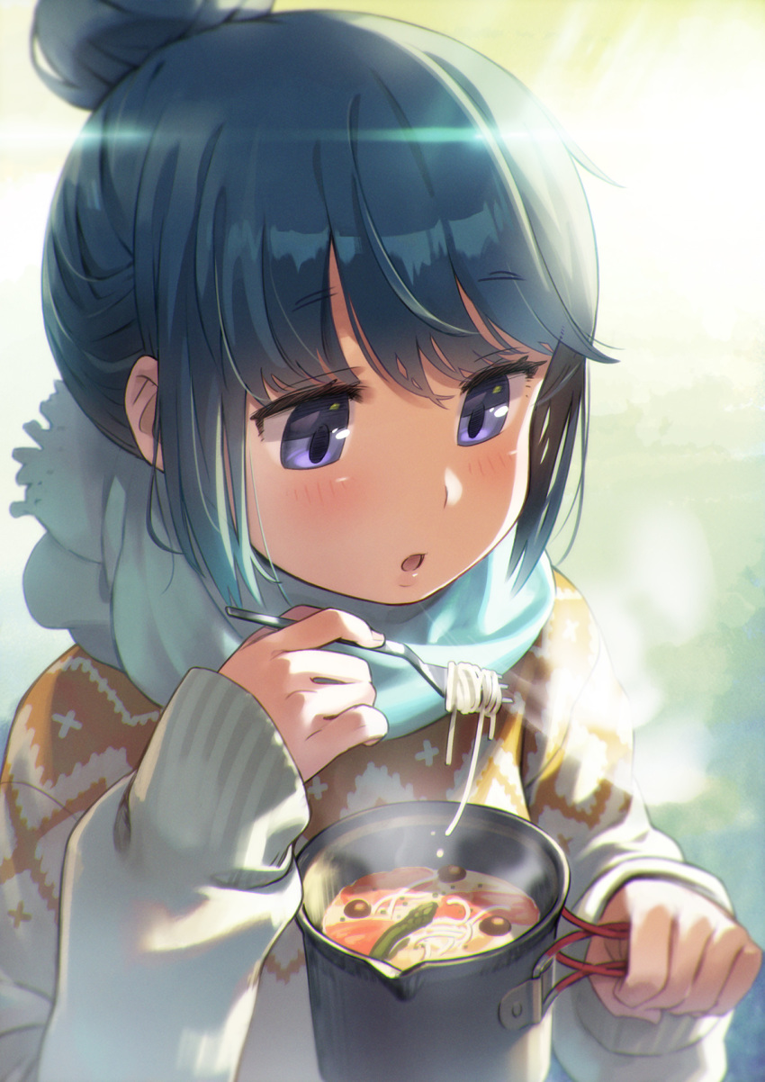 1girl :o bangs blue_hair blue_scarf blurry blurry_background blush commentary depth_of_field eyebrows_visible_through_hair food fork fringe_trim hair_between_eyes hair_bun hands_up highres holding holding_fork long_sleeves looking_away minawa noodles parted_lips pot scarf shima_rin sidelocks sleeves_past_wrists solo steam upper_body violet_eyes yurucamp