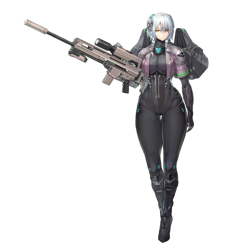 1girl al_wraith bodysuit braid expressionless full_body gun hair_between_eyes highres last_origin long_hair looking_at_viewer official_art rifle silver_hair sima_(startwitch) sniper_rifle solo tachi-e transparent_background twin_braids weapon