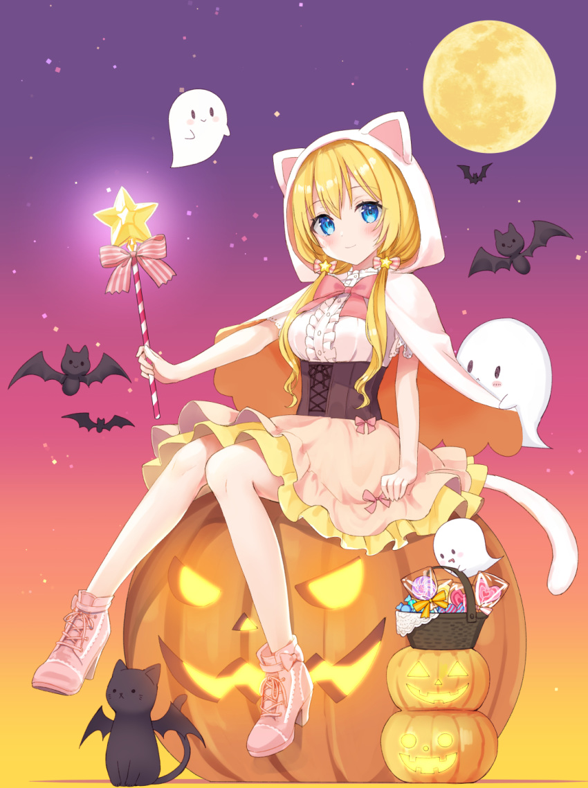 1girl animal animal_ears animal_hood bangs basket bat black_cat blonde_hair blue_eyes blush boots bow breasts cape cat cat_ears cat_hood cat_tail center_frills closed_mouth commentary_request eyebrows_visible_through_hair fake_animal_ears frilled_skirt frills full_moon ghost hair_between_eyes hair_bow hair_ornament halloween high_heel_boots high_heels highres hood hood_up hooded_cape jack-o'-lantern long_hair looking_at_viewer low_twintails medium_breasts moon original pink_bow pink_footwear pink_skirt rimo shirt sitting skirt smile solo star_(symbol) star_hair_ornament striped striped_bow tail twintails very_long_hair white_cape white_shirt