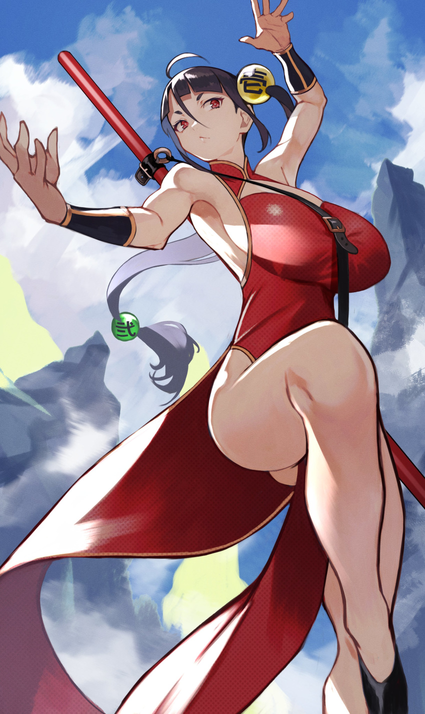 1girl absurdres ahoge armpits ass bangs bare_shoulders black_hair blue_sky breasts brown_hair china_dress chinese_clothes closed_mouth clouds cloudy_sky commentary_request day dress fighting_stance hair_ornament highres large_breasts leg_up long_hair original outdoors pelvic_curtain red_dress red_eyes side_ponytail sky sleeveless sleeveless_dress solo thighs tied_hair weapon weapon_on_back yoshio_(55level)