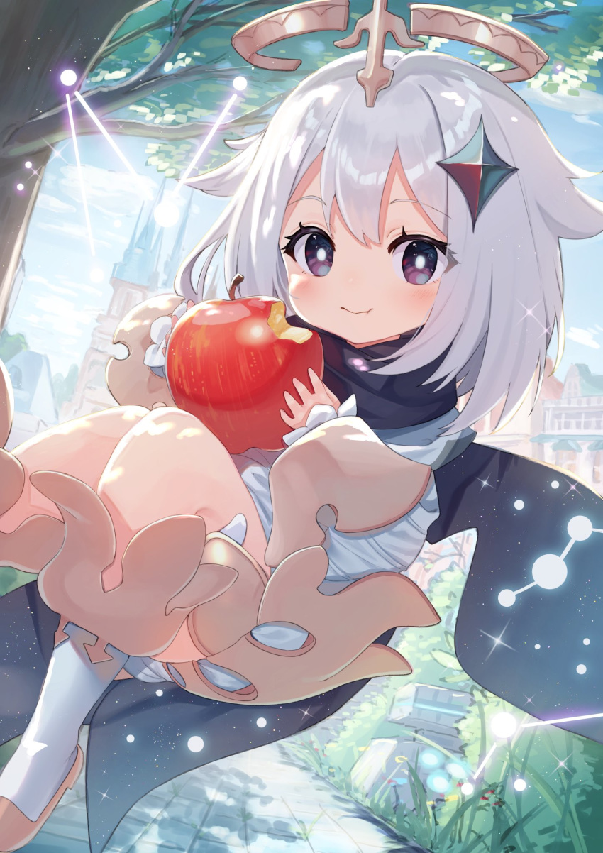1girl apple asymmetrical_legwear backlighting bangs black_scarf blush castle clouds commentary_request constellation eating eyebrows_visible_through_hair eyelashes feet_out_of_frame food fruit genshin_impact grass grey_hair hair_ornament halo highres holding holding_food in_tree no_nose paimon_(genshin_impact) puffy_cheeks scarf short_hair sky smile solo stone_walkway tree tsukiman violet_eyes wavy_mouth white_legwear