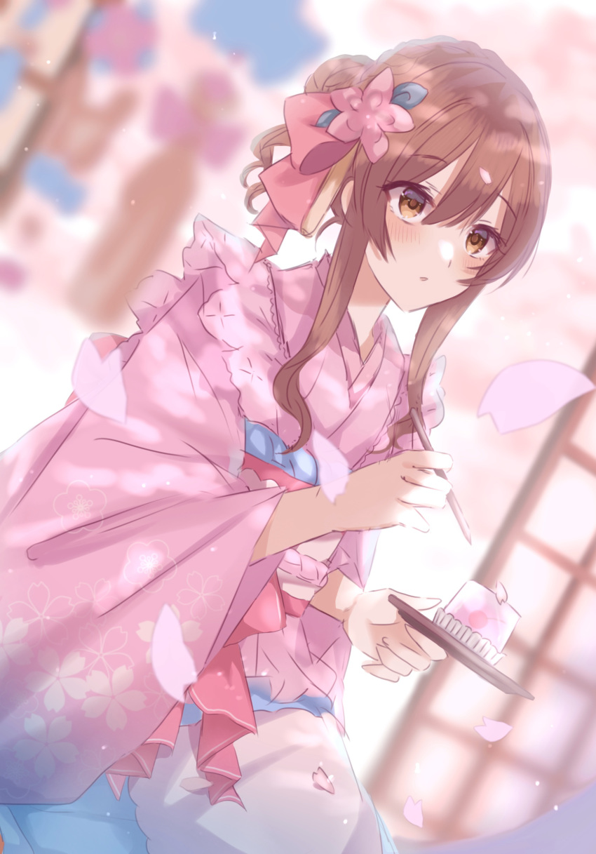 1girl blush bow brown_eyes brown_hair cherry_blossoms desert eating gelatin hair_bow hair_bun hair_ornament highres idolmaster idolmaster_shiny_colors japanese_clothes kimono kneeling oosaki_amana open_mouth pink_kimono restaurant seiza shironowa01 sidelocks sitting solo