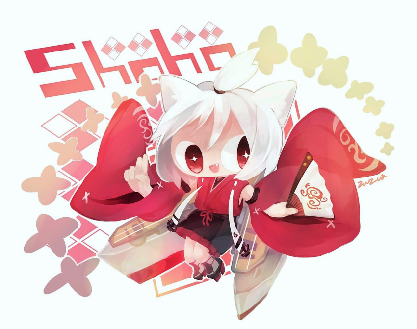 anchor artist_request azur_lane bangs chibi detached_sleeves english_text fan fang flight_deck folding_fan highres hull_shoes japanese_clothes kimono kneehighs looking_to_the_side red_eyes red_kimono red_rope ribbon rigging rope sandals shikigami shin_guards short_hair shouhou_(azur_lane) sleeveless sleeveless_kimono smile topknot white_hair white_legwear white_ribbon wide_sleeves