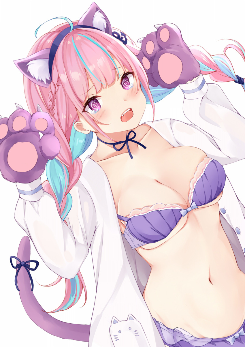 1girl @_@ ahoge animal_ears bra braid breasts cat_ears cat_tail d: dutch_angle fang frilled_bra frilled_panties frills gloves highres hololive large_breasts long_sleeves minato_aqua multicolored_hair navel open_clothes open_mouth open_shirt panties paw_gloves paw_pose paws purple_bra purple_hair purple_panties roriwanko simple_background tail twin_braids two-tone_hair underwear violet_eyes virtual_youtuber