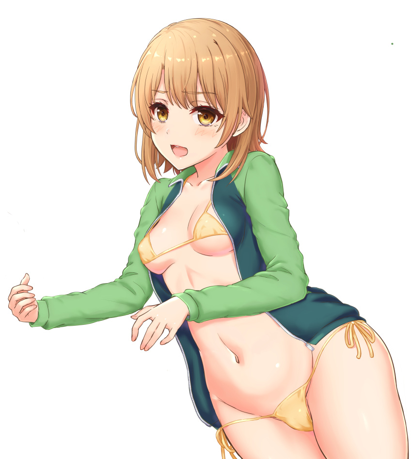 1girl absurdres bikini brown_eyes brown_hair commentary_request cowboy_shot green_bikini groin highres inanaki_shiki isshiki_iroha jacket looking_at_viewer lowleg lowleg_bikini lying on_side open_clothes open_jacket short_hair side-tie_bikini simple_background solo swimsuit track_jacket white_background yahari_ore_no_seishun_lovecome_wa_machigatteiru. yellow_bikini