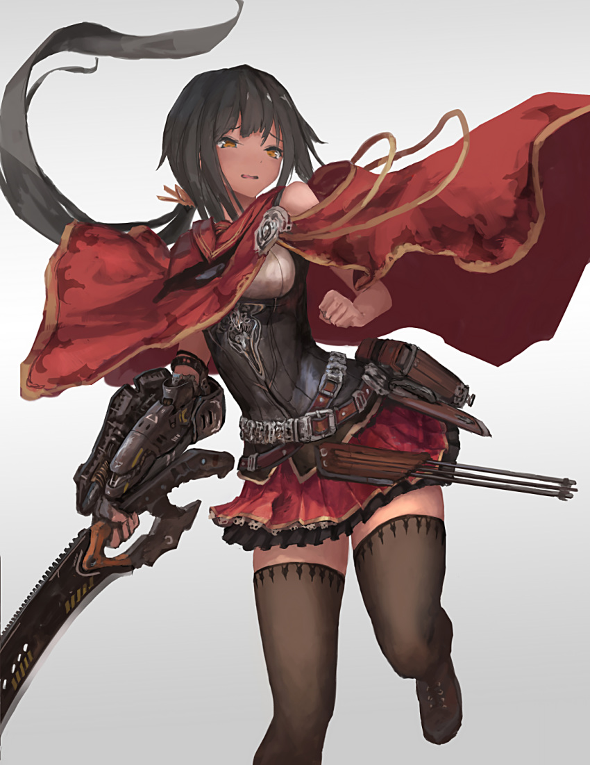 1girl arrow_(projectile) bare_shoulders belt belt_pouch black_hair black_legwear clenched_hand cloak clothing_cutout dark_skin gradient gradient_background highres holding holding_sword holding_weapon long_hair long_ponytail nihoshi_(bipedal_s) orange_eyes original parted_lips ponytail pouch red_cloak red_skirt shoulder_cutout skirt solo sword thigh-highs weapon