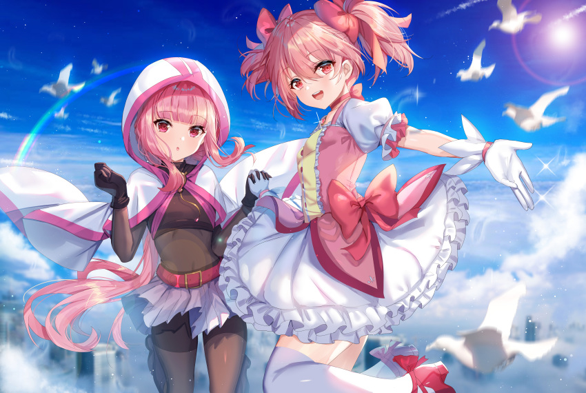 2girls :d :o absurdres animal bangs bird black_footwear black_gloves blue_sky blush bodystocking boots bow brown_legwear building cape clouds commentary_request day dress eyebrows_visible_through_hair frilled_skirt frills gejigejier gloves hair_between_eyes hair_bow hands_up highres holding_hands hood hood_up hooded_cape huge_filesize kaname_madoka knee_boots long_hair low_ponytail magia_record:_mahou_shoujo_madoka_magica_gaiden mahou_shoujo_madoka_magica multiple_girls open_mouth outdoors outstretched_arm parted_lips pink_hair pleated_skirt ponytail puffy_short_sleeves puffy_sleeves rainbow red_bow red_eyes red_footwear shoes short_sleeves sidelocks skirt sky skyscraper smile tamaki_iroha thigh-highs upper_teeth very_long_hair white_cape white_dress white_gloves white_legwear white_skirt