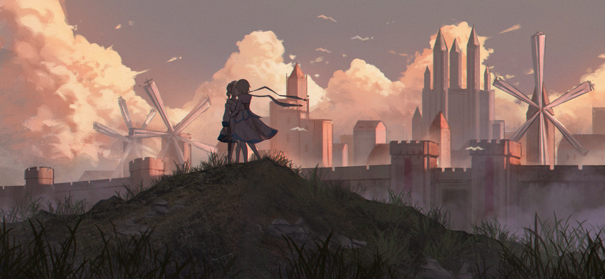 2girls barbara_(genshin_impact) bare_shoulders blue_sky brown_hair building clouds cloudy_sky dress genshin_impact gun hat highres hill holding holding_gun holding_weapon long_sleeves lumine_(genshin_impact) multiple_girls outdoors pantyhose sky standing strapless strapless_dress sunset tower town twintails wall weapon white_dress white_headwear white_legwear windmill yuri yurichtofen