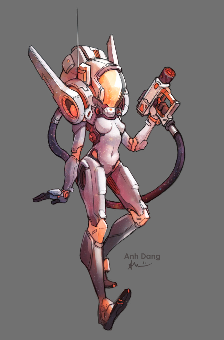 1girl anhdang arm_at_side artist_name bodysuit breasts commentary covered_navel english_commentary full_body grey_background gun helmet highres holding holding_gun holding_weapon navel original radio_antenna signature simple_background small_breasts solo space_helmet spacesuit trigger_discipline weapon white_bodysuit