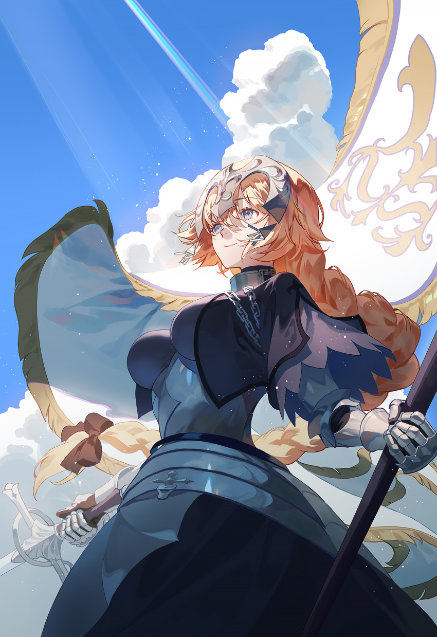 armor armored_dress blonde_hair blue_eyes braid chain clouds fajyobore323 fate/grand_order fate_(series) flag gauntlets highres holding jeanne_d'arc_(fate) jeanne_d'arc_(fate)_(all) light long_hair long_skirt looking_up skirt sky smile