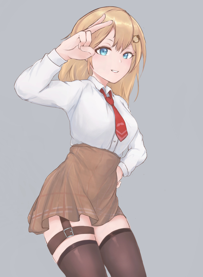 1girl :d absurdres arm_up bangs beige_shirt black_legwear blonde_hair blue_eyes breasts collared_shirt dress_shirt grey_background hair_ornament hand_on_hip highres hololive hololive_english light_blush long_hair long_sleeves looking_at_viewer medium_breasts medium_hair monocle necktie open_mouth plaid plaid_skirt red_neckwear shirt shirt_tucked_in simple_background skirt smile solo sotiark thigh-highs thigh_strap v virtual_youtuber watson_amelia white_shirt