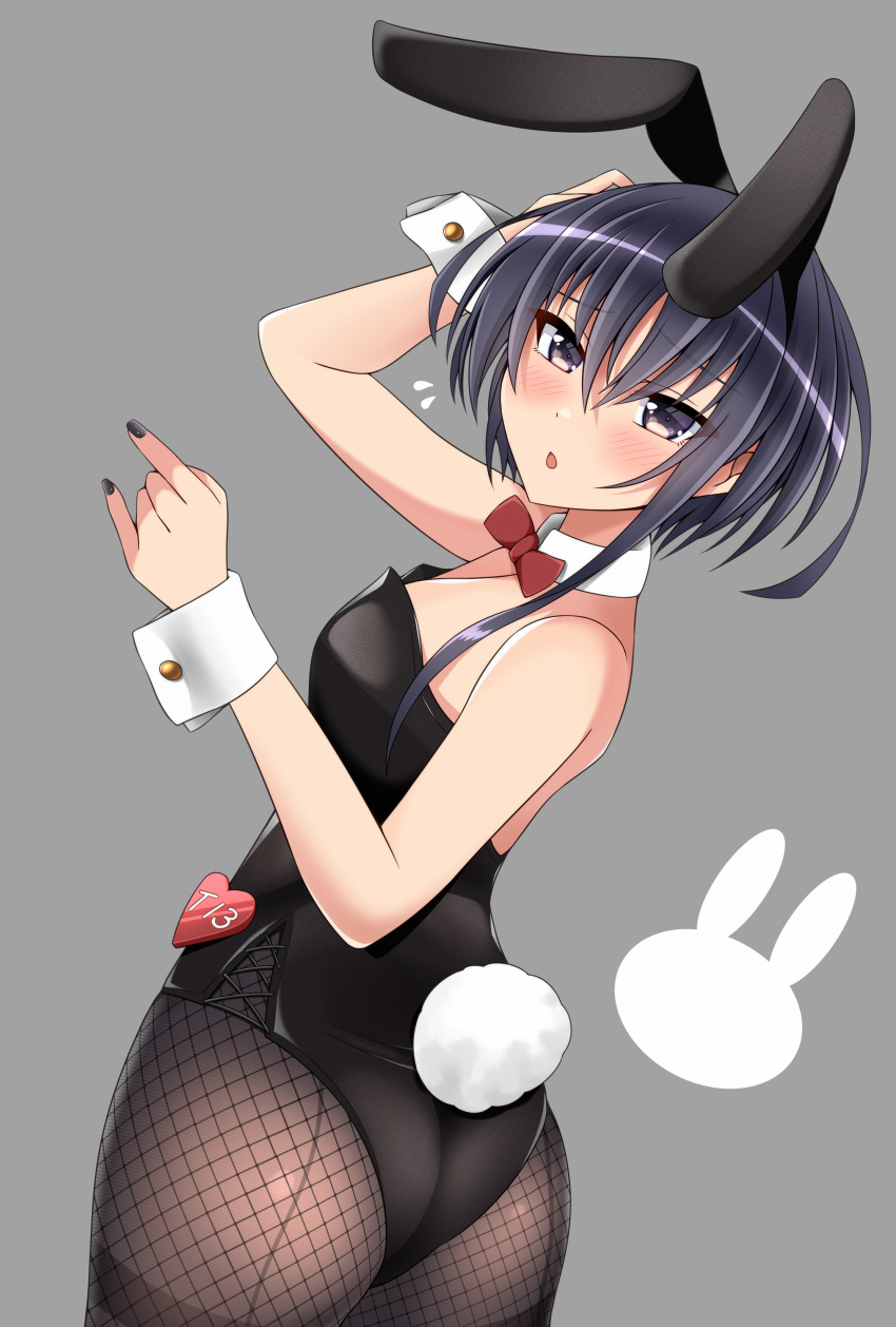 1girl absurdres alternate_costume animal_ears ass asymmetrical_hair black_eyes black_hair black_legwear black_leotard black_nails bow bowtie breasts detached_collar fake_animal_ears fake_tail fishnet_legwear fishnets hair_between_eyes highres i-13_(kancolle) kantai_collection leotard otobi pantyhose playboy_bunny rabbit_ears rabbit_tail red_bow red_bowtie short_hair small_breasts solo strapless strapless_leotard tail thighband_pantyhose wrist_cuffs