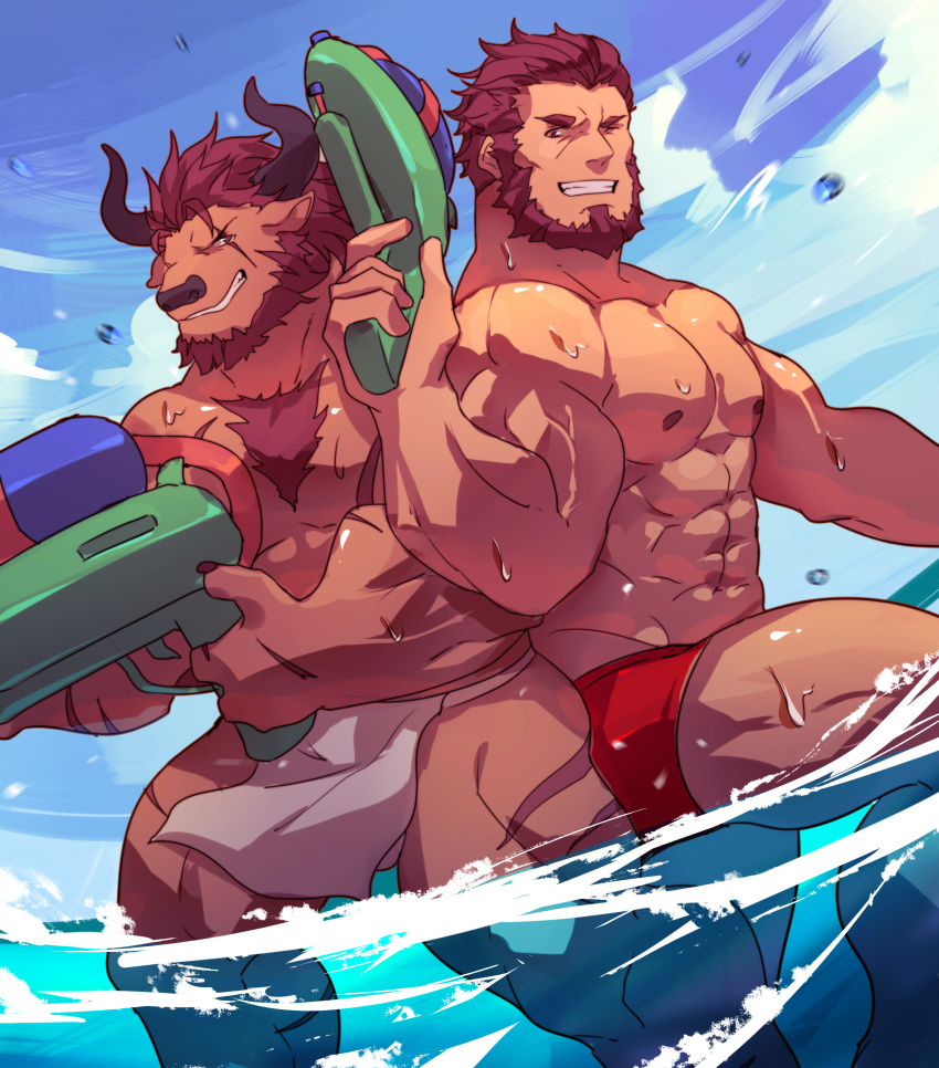 2 2boys abs absurdres alternate_costume animal_ears back-to-back bara bard bare_chest beard chest_hair commission cow_boy cow_ears cow_horns facial_hair fate/grand_order fate/zero fate_(series) feet_out_of_frame furry guoguo hest highres horns iskandar_(fate) loincloth loincloth_lift male_focus male_swimwear minotaur multiple_boys muscle navel nipples one_eye_closed red_eyes redhead scar scar_across_eye short_hair swim_briefs swimwear thick_thighs thighs water wet