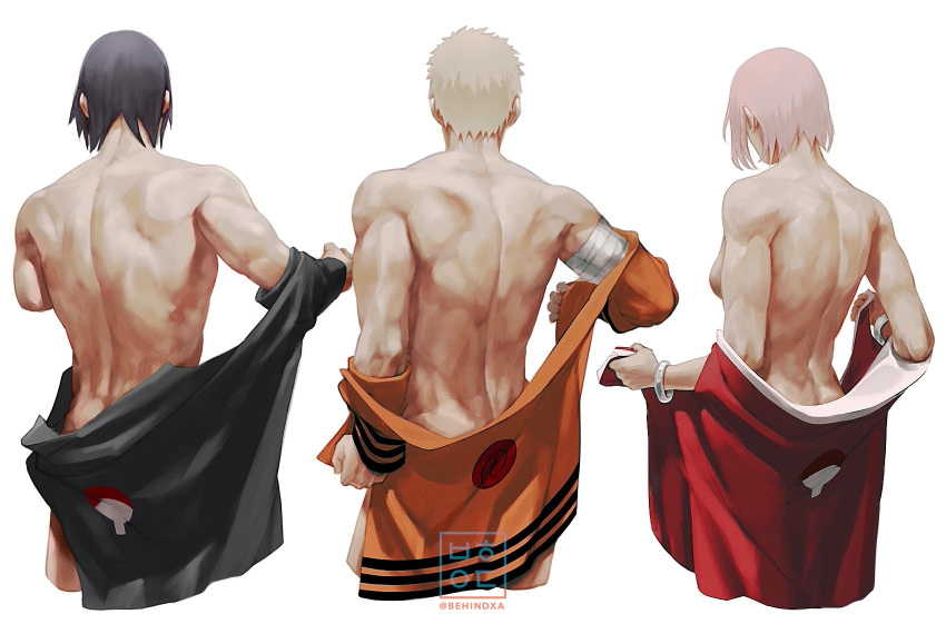 back bandaged_arm bandages behindxa black_hair bracelet breasts haruno_sakura highres jewelry muscle muscular_female naruto naruto_(series) pink_hair short_hair signature simple_background twitter_username uchiha_symbol undressing uzumaki_naruto white_background