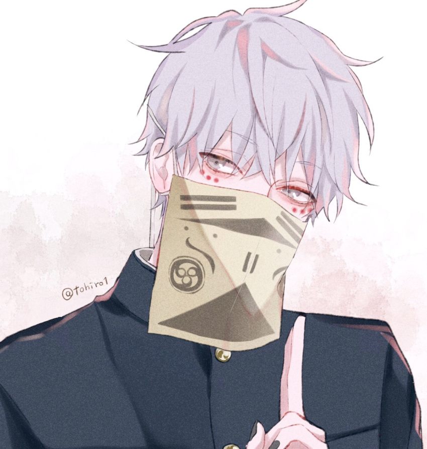 1boy artist_name black_nails grey_eyes hair_between_eyes hand_up highres looking_at_viewer male_focus mask original shijima_tohiro silver_hair simple_background upper_body