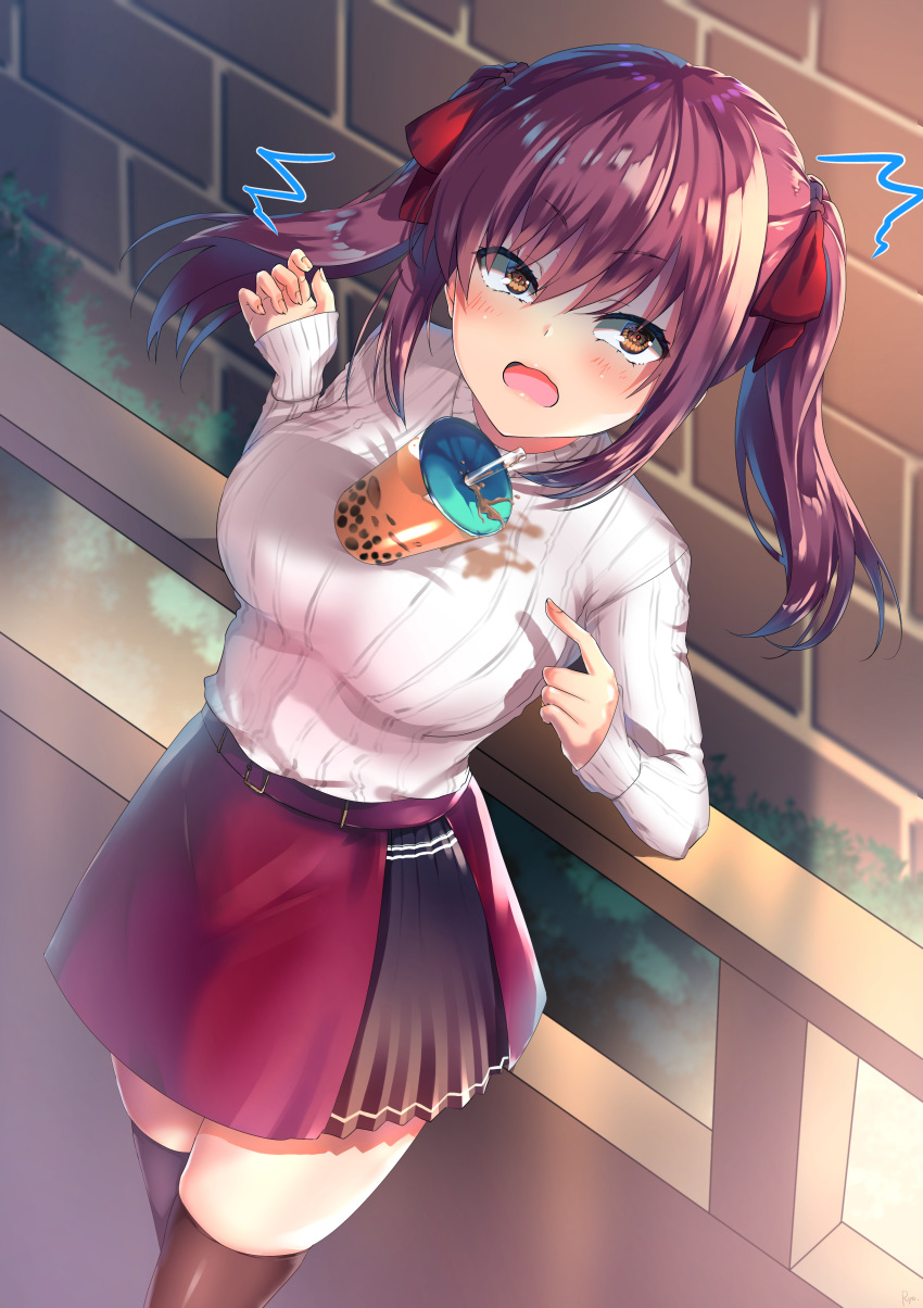 1girl :o absurdres amasawa_ichika bangs belt blush breasts brick_wall bubble_tea_challenge commentary_request cup drinking_straw dutch_angle eyebrows_visible_through_hair feet_out_of_frame fingernails hair_ribbon highres index_finger_raised large_breasts long_hair long_sleeves open_mouth purple_hair railing red_skirt ribbon sidelocks skindentation skirt sleeves_past_wrists solo spilling standing surprised sweater thigh-highs thighs twintails utsunomiya_ryo v-shaped_eyebrows wavy_mouth white_sweater yellow_eyes youkoso_jitsuryoku_shijou_shugi_no_kyoushitsu_e zettai_ryouiki