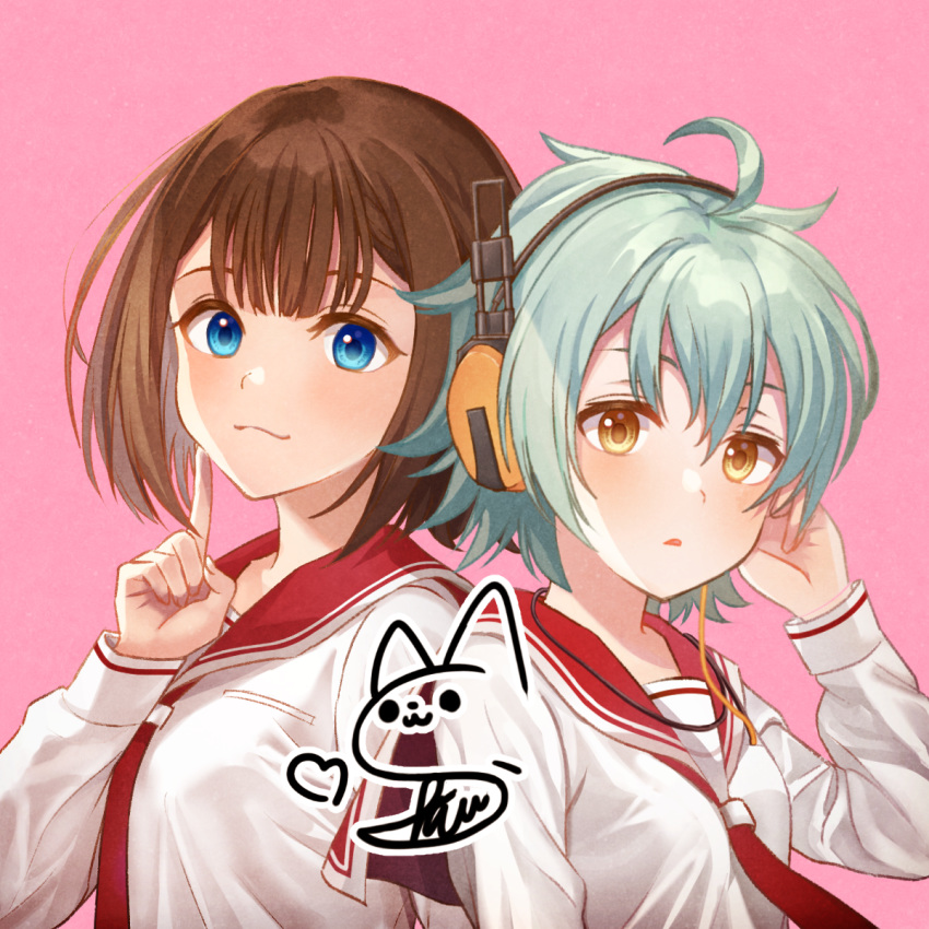 2girls ahoge bangs blue_eyes blush breasts brown_eyes brown_hair closed_mouth ear_protection eyebrows_behind_hair green_hair hair_between_eyes hand_up hidan_no_aria highres index_finger_raised kurono_kito long_sleeves looking_at_viewer multiple_girls parted_lips pink_background red_neckwear red_sailor_collar reki_(hidan_no_aria) sailor_collar school_uniform serafuku shirt signature simple_background small_breasts smile toyama_kaname upper_body white_shirt