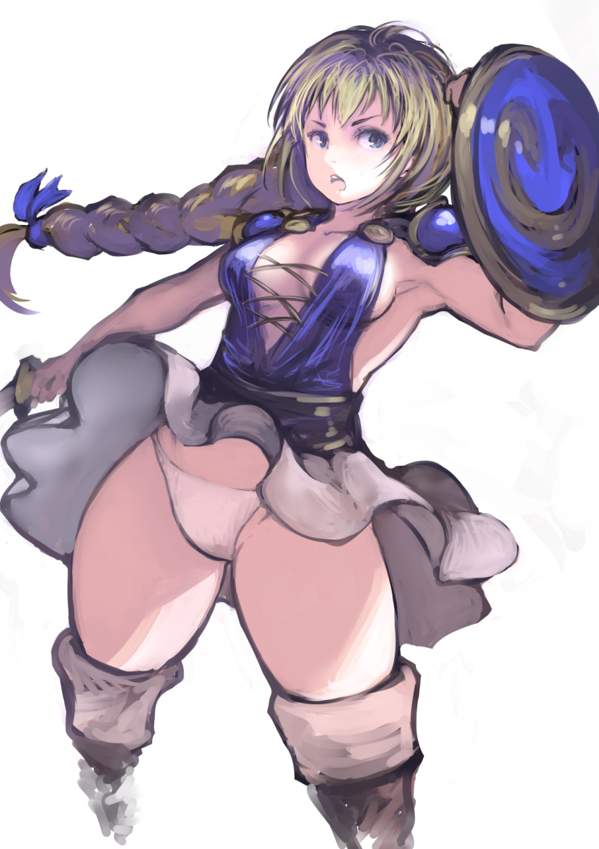 1girl armor blonde_hair blue_eyes braid breasts buckler commentary_request cross-laced_clothes dress highres holding holding_sword holding_weapon johan_(johan13) long_hair medium_breasts panties shield short_dress shoulder_armor simple_background single_braid solo sophitia_alexandra soulcalibur spaulders sword thick_thighs thighs underwear v-shaped_eyebrows weapon white_background white_panties