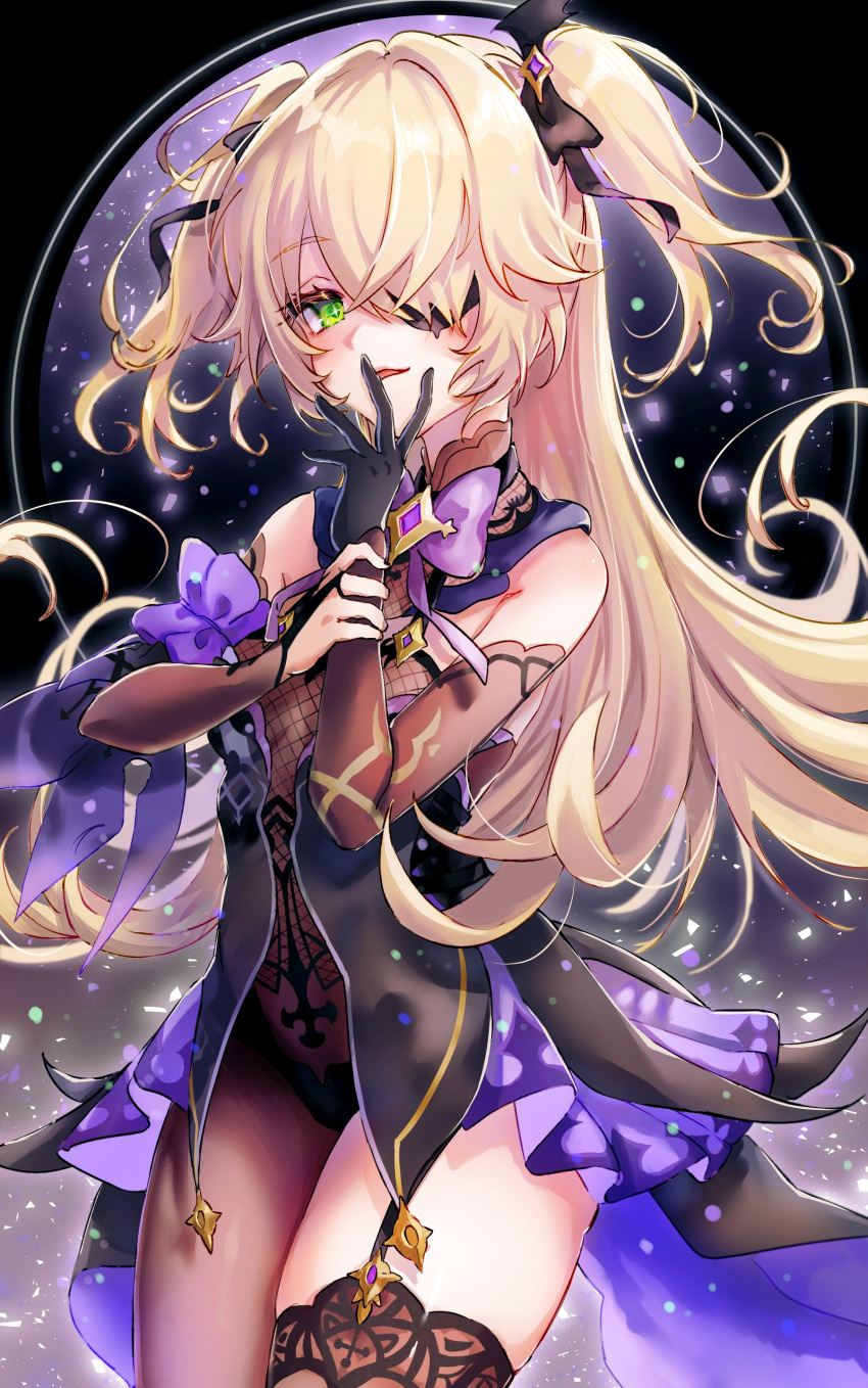 1girl :p absurdres bare_shoulders black_legwear blonde_hair bodystocking bow breasts dress elbow_gloves eyepatch fischl_(genshin_impact) garter_straps genshin_impact gloves green_eyes hair_ornament hair_over_one_eye hair_ribbon hand_up highres long_hair looking_at_viewer open_mouth ribbon single_thighhigh small_breasts smile solo syukonbu thigh-highs tongue tongue_out two_side_up