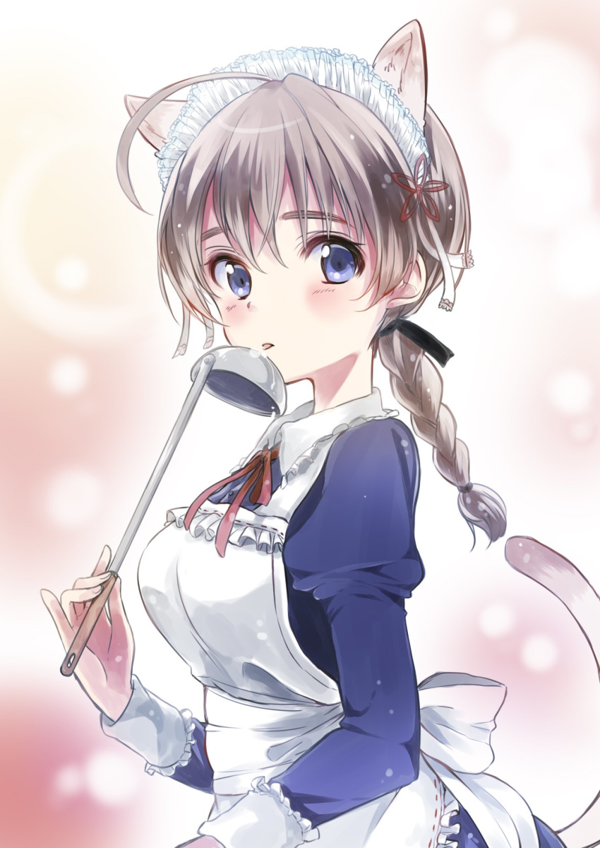 1girl :p ahoge alternate_costume animal_ears apron backlighting black_ribbon blue_dress blue_eyes braid brown_hair cat_ears cat_tail collared_dress commentary dress enmaided eyebrows_visible_through_hair hair_ribbon highres holding holding_ladle juliet_sleeves ladle long_sleeves looking_at_viewer lynette_bishop maid maid_apron maid_headdress neck_ribbon puffy_sleeves red_neckwear ribbon single_braid solo standing strike_witches tail tamasaki_tama tongue tongue_out upper_body white_apron wing_collar world_witches_series