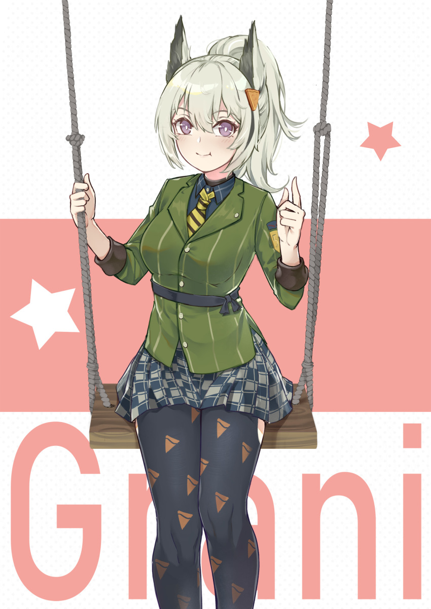 1girl :t animal_ears arknights bangs black_legwear blue_shirt blush breasts character_name closed_mouth collared_shirt commentary_request diagonal-striped_neckwear diagonal_stripes eyebrows_visible_through_hair grani_(arknights) green_jacket hair_between_eyes hands_up highres jacket long_hair long_sleeves looking_at_viewer medium_breasts necktie pantyhose pink_background pleated_skirt ponytail print_legwear shirt silver_hair skirt skying solo star_(symbol) striped striped_neckwear two-tone_background violet_eyes white_background yellow_neckwear