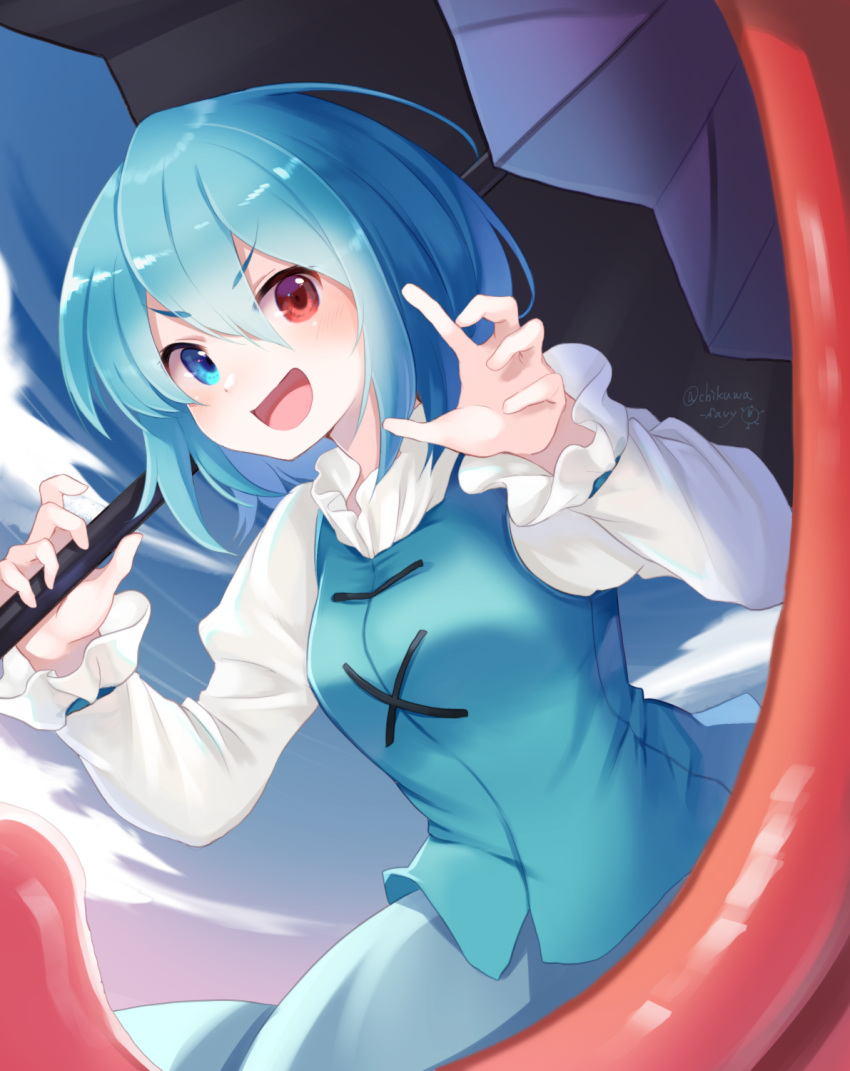 1girl arms_up blue_eyes blue_hair blue_skirt blue_vest bob_cut chikuwa_savy claw_pose clouds commentary_request cowboy_shot eyebrows_visible_through_hair fisheye gradient_sky hair_between_eyes heterochromia highres holding holding_umbrella juliet_sleeves karakasa_obake leaning_forward long_sleeves looking_at_viewer outdoors puffy_sleeves red_eyes shirt short_hair skirt sky solo standing tatara_kogasa tongue touhou twilight umbrella vest white_shirt