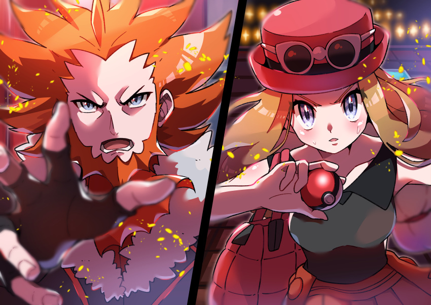 1boy 1girl absurdres bare_arms blush commentary_request eyewear_on_headwear facial_hair fingerless_gloves gloves grey_eyes hand_up hat highres holding holding_poke_ball looking_at_viewer lysandre_(pokemon) open_mouth orange_hair pleated_skirt poke_ball poke_ball_(basic) pokemon pokemon_(game) pokemon_xy pon_yui red_skirt serena_(pokemon) skirt split_screen sunglasses sweat teeth tongue