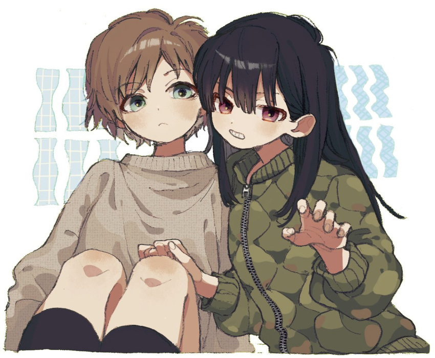 2girls black_hair black_legwear border brown_hair brown_sweater closed_mouth feet_out_of_frame fingernails green_eyes green_jacket jacket ka_(marukogedago) long_sleeves looking_at_viewer multiple_girls original red_eyes sitting smile socks sweater white_border