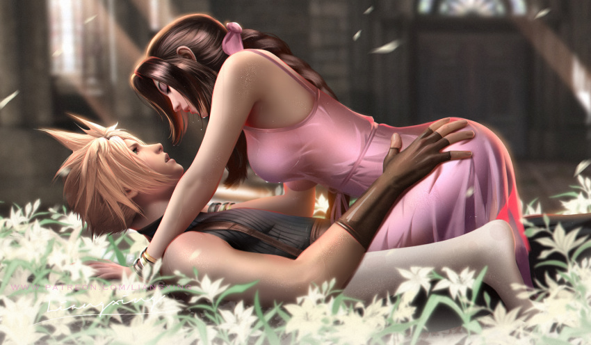 1boy 1girl aerith_gainsborough blonde_hair bow bracelet braid braided_ponytail brown_hair cloud_strife dress final_fantasy final_fantasy_vii final_fantasy_vii_remake fingerless_gloves flower girl_on_top gloves hair_bow hands_on_another's_hips jewelry liang_xing pink_dress spiky_hair straddling sunlight window