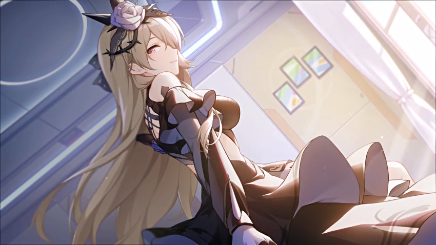 1065587906 1girl breasts brown_hair commentary commentary_request dress formal highres honkai_(series) honkai_impact_3rd long_hair looking_at_viewer looking_to_the_side mole mole_under_eye parted_lips pov rita_rossweisse rita_rossweisse_(fallen_rosemary) smile sunlight window
