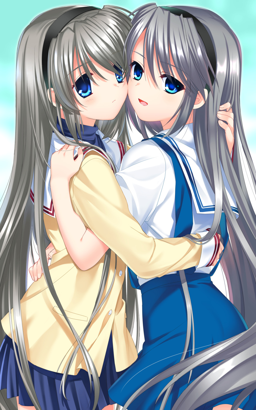 2girls :d bangs black_hairband blue_eyes blue_skirt clannad closed_mouth floating_hair hair_between_eyes hairband highres hug long_hair looking_at_viewer miniskirt multiple_girls open_mouth otou_(otou_san) pleated_skirt sakagami_tomoyo shiny shiny_hair shirt short_sleeves silver_hair skirt smile turtleneck very_long_hair white_shirt