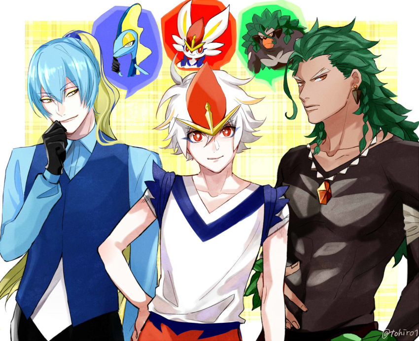 3boys artist_name black_gloves blonde_hair blue_hair blue_shirt blue_vest cinderace earrings gen_8_pokemon gloves green_hair hair_between_eyes hand_on_hip hand_on_own_stomach hand_up highres inteleon jewelry long_sleeves looking_at_viewer multicolored_hair multiple_boys necklace orange_eyes pants personification pokemon pokemon_(game) pokemon_swsh ponytail red_eyes red_headwear rillaboom shijima_tohiro shirt short_sleeves simple_background spoken_character stud_earrings two-tone_hair upper_body vest white_hair white_shirt yellow_eyes