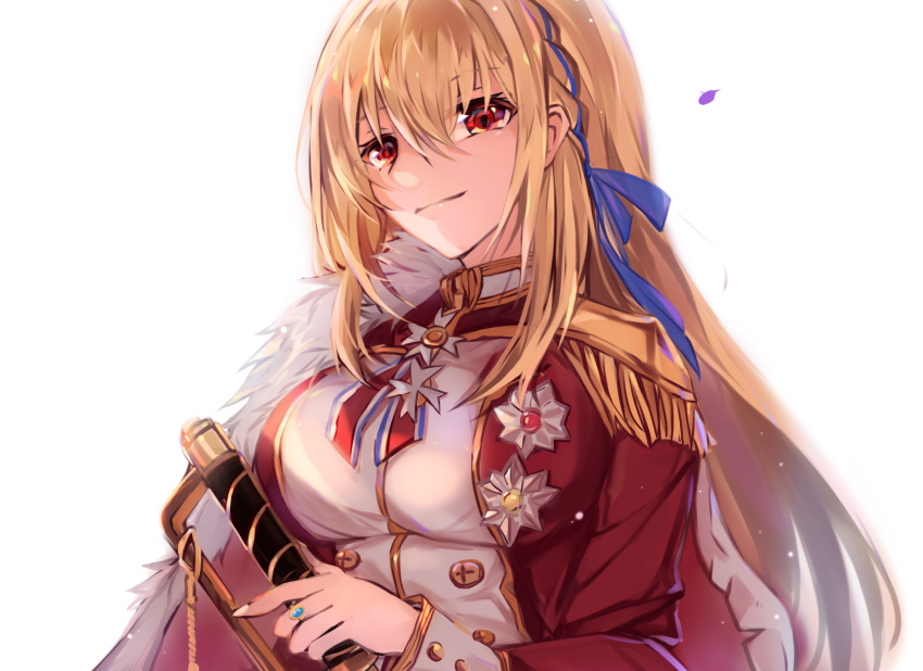 1girl azur_lane blonde_hair blue_ribbon breasts cape epaulettes fur-trimmed_cape fur_trim hair_ribbon highres jacket king_george_v_(azur_lane) large_breasts long_hair looking_at_viewer medal red_cape red_eyes red_jacket ribbon shika_(shika0) simple_background solo upper_body