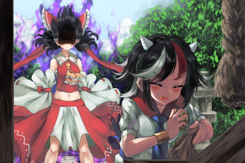 2girls anger_vein angry aura bare_shoulders black_hair blue_neckwear blush bow closed_eyes clouds coin commentary cuffs dark_aura death_flag detached_sleeves eyebrows_visible_through_hair frilled_bow frills frown hair_bow hakurei_reimu hidden_eyes horns kijin_seija long_hair midriff multicolored_hair multiple_girls navel nontraditional_miko red_bow red_shirt red_skirt redhead rope sack shaded_face shirt short_hair skirt smile streaked_hair sunyup theft tongue tongue_out touhou tree white_hair white_shirt yellow_neckwear