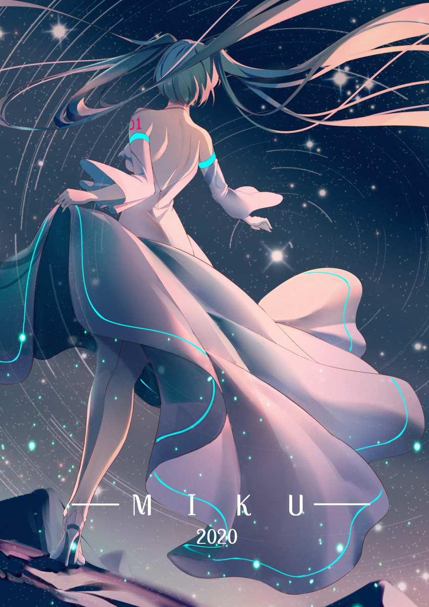 1girl 2020 absurdres aqua_hair backless_dress backless_outfit character_name chinese_commentary commentary detached_sleeves dress floating_hair from_behind from_below hatsune_miku high_heels highres huge_filesize long_dress long_hair long_sleeves shoulder_blades sky solo star_(sky) starry_sky twintails very_long_hair vocaloid white_dress white_sleeves yiyu_qing_mang