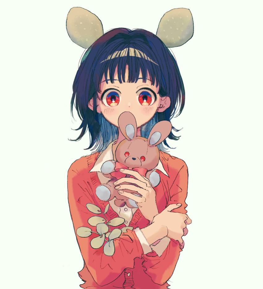 1girl animal_ears black_hair blush closed_mouth collared_shirt covered_mouth fingernails hair_intakes hands_up highres jacket ka_(marukogedago) looking_at_viewer original red_eyes red_jacket self_hug shirt short_hair simple_background solo stuffed_animal stuffed_bunny stuffed_toy upper_body white_background white_shirt wing_collar