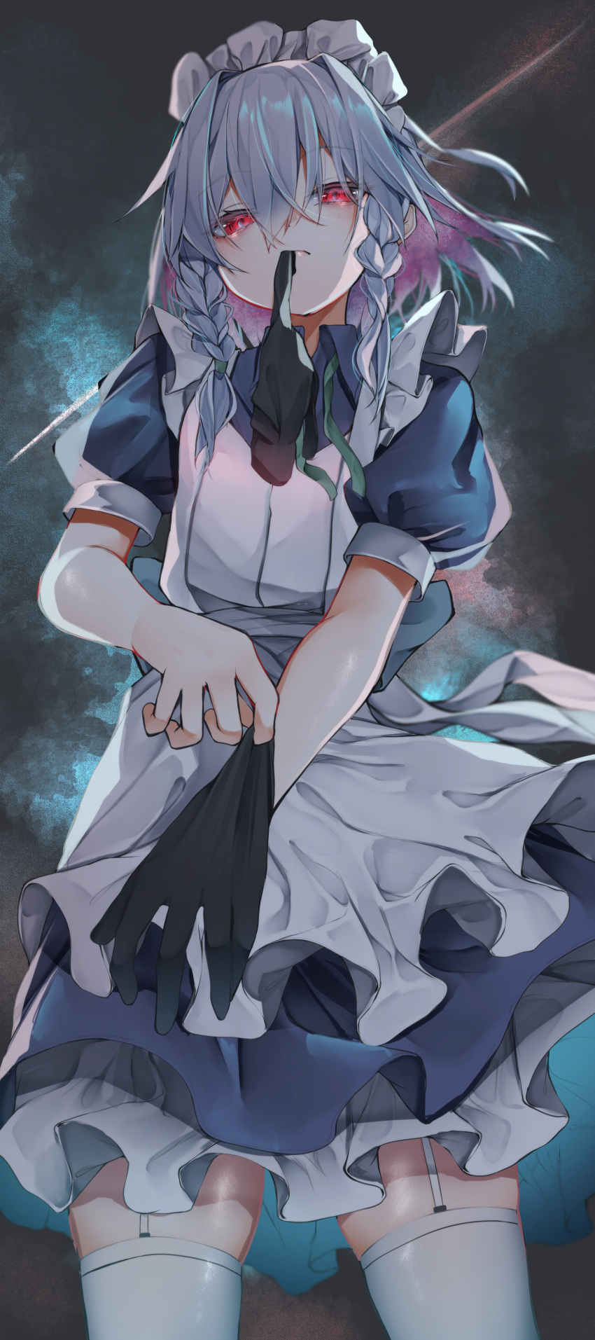 1girl absurdres adjusting_clothes adjusting_gloves apron black_gloves blue_skirt braid closed_mouth colored_inner_hair cowboy_shot dress garter_straps glove_in_mouth gloves grey_hair hair_between_eyes highres izayoi_sakuya looking_at_viewer maid maid_headdress mouth_hold multicolored_hair pink_hair puffy_short_sleeves puffy_sleeves red_eyes short_hair short_sleeves silver_hair skirt solo standing thigh-highs thighhighs touhou tsune_(tune) twin_braids two-tone_hair waist_apron white_apron white_legwear white_thighhighs