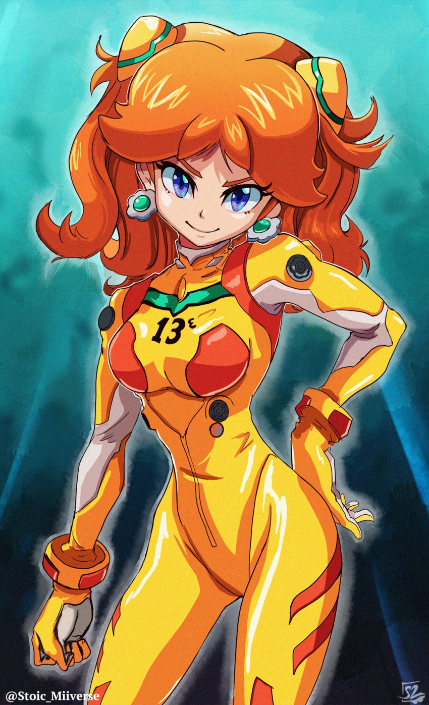 &gt;:) 1girl artist_logo artist_name bangs big_hair blue_eyes bodysuit breasts clenched_hand closed_mouth cosplay cowboy_shot earrings english_commentary english_text film_grain flipped_hair flower_earrings gem gloves gradient gradient_background hand_on_hip head_tilt highres jewelry long_hair looking_at_viewer super_mario_bros. medium_breasts neon_genesis_evangelion number open_hand orange_bodysuit orange_hair outline parted_bangs plugsuit princess_daisy smile solo souryuu_asuka_langley souryuu_asuka_langley_(cosplay) standing stoic_seraphim super_smash_bros. twitter_username v-shaped_eyebrows