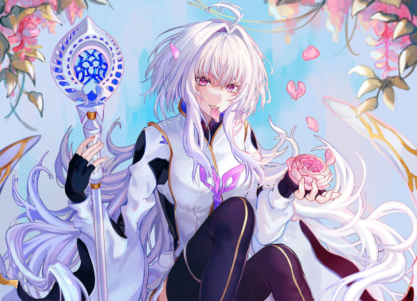 1girl ahoge black_gloves black_legwear fate/grand_order fate_(series) fingerless_gloves flower gloves highres holding holding_flower holding_staff long_hair looking_at_viewer merlin_(fate/prototype) messy_hair mouth_hold petals silver_hair sitting solo staff thigh-highs very_long_hair violet_eyes whispey