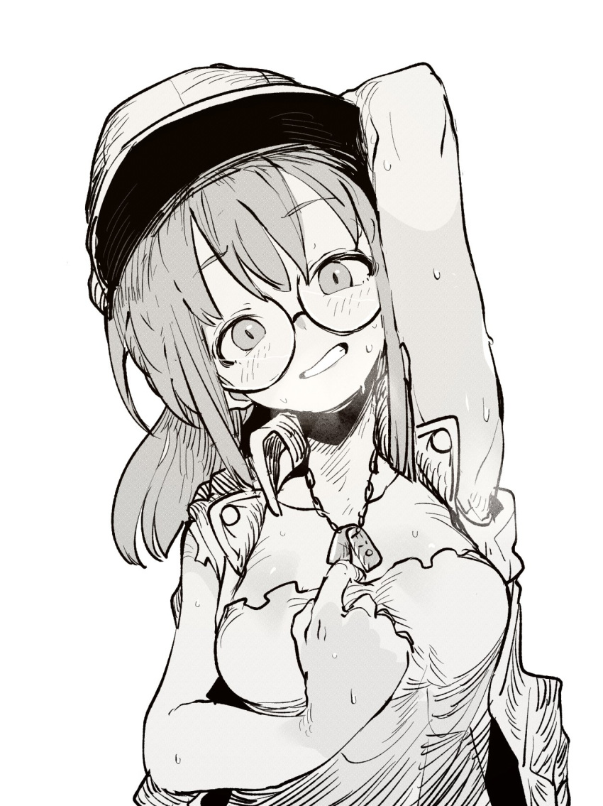 1girl arm_behind_head breasts ddari dog_tags fio_germi glasses greyscale hand_up hat head_tilt highres large_breasts looking_at_viewer medium_hair metal_slug monochrome ponytail round_eyewear simple_background smile solo sweat upper_body white_background