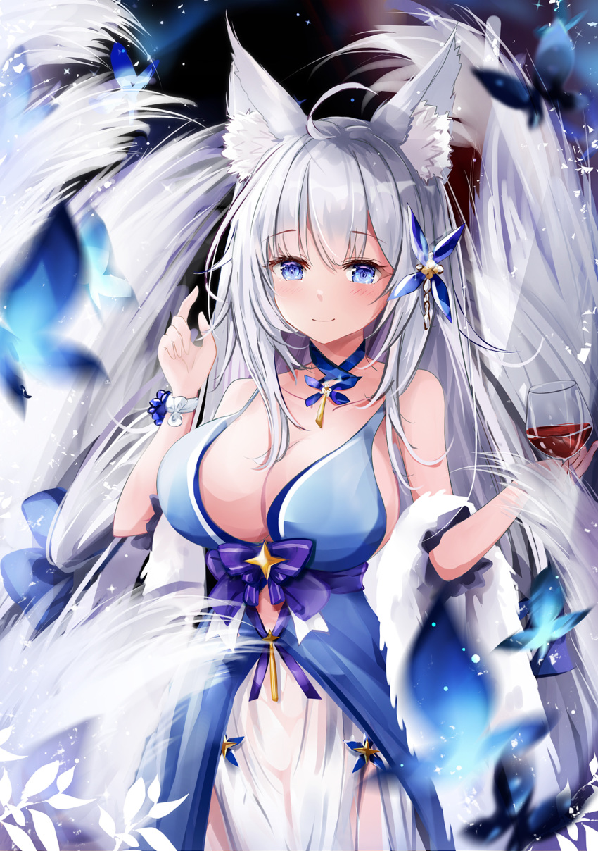 1girl animal_ear_fluff animal_ears azur_lane bare_shoulders blue_butterfly blue_collar blue_eyes breasts collar cup dress drinking_glass feather_boa fox_ears hair_ornament halter_dress highres holding holding_cup kitsune kyuubi large_breasts large_tail long_hair multiple_tails mutang shinano_(azur_lane) shinano_(light_of_the_hazy_moon)_(azur_lane) sleeveless sleeveless_dress solo tail very_long_hair white_hair white_tail wine_glass