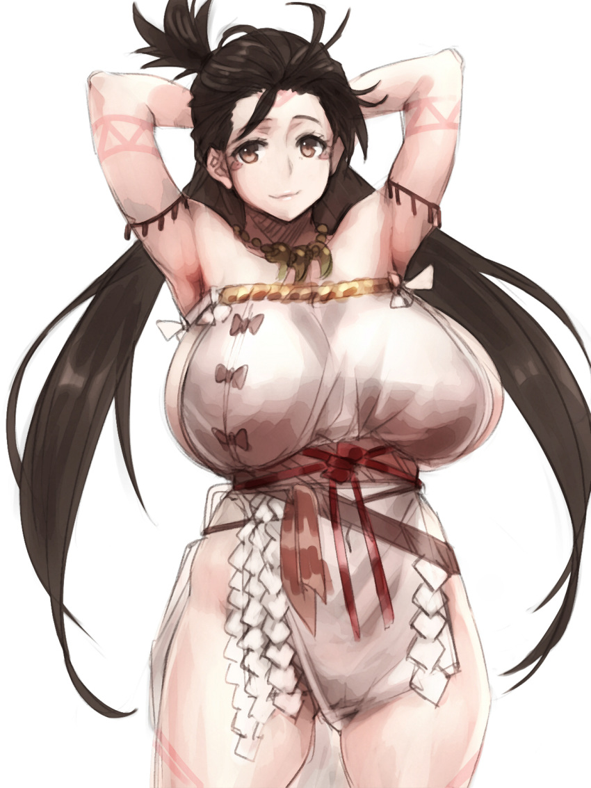 1girl armpits arms_behind_head arms_up bare_shoulders blush body_markings breasts brown_eyes brown_hair closed_mouth dress facial_mark fate/grand_order fate_(series) forehead forehead_mark hayama_kazusa highres himiko_(fate) huge_breasts long_hair looking_at_viewer magatama magatama_necklace no_bra no_panties sash side_slit sideboob simple_background smile thighs topknot twintails white_background white_dress