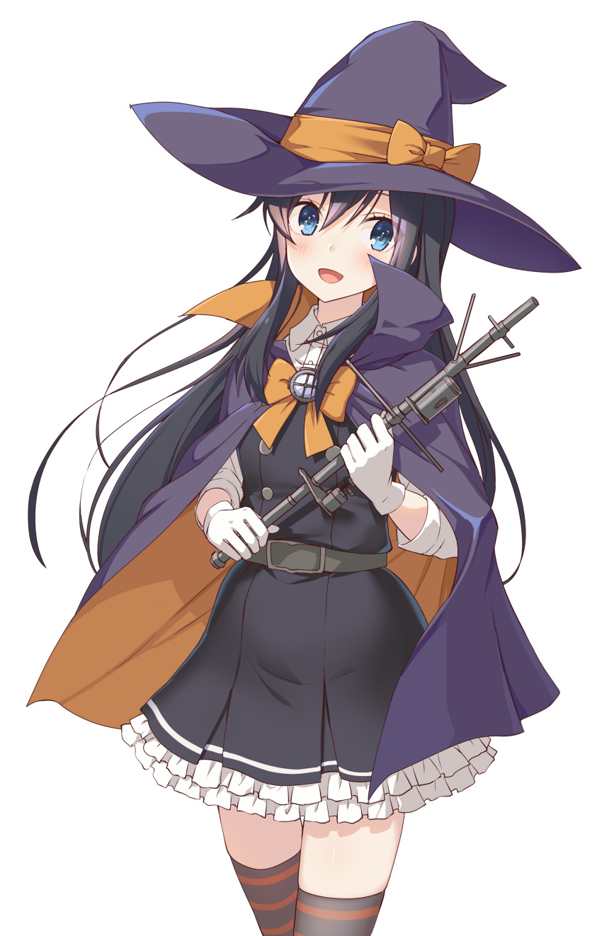 1girl absurdres asashio_(kantai_collection) black_cape black_hair black_legwear blue_eyes boots bow cape cowboy_shot dress gloves grey_dress halloween hat highres kantai_collection long_hair nueco orange_bow pinafore_dress pleated_dress remodel_(kantai_collection) shirt solo staff thigh-highs white_background white_gloves white_shirt witch witch_hat