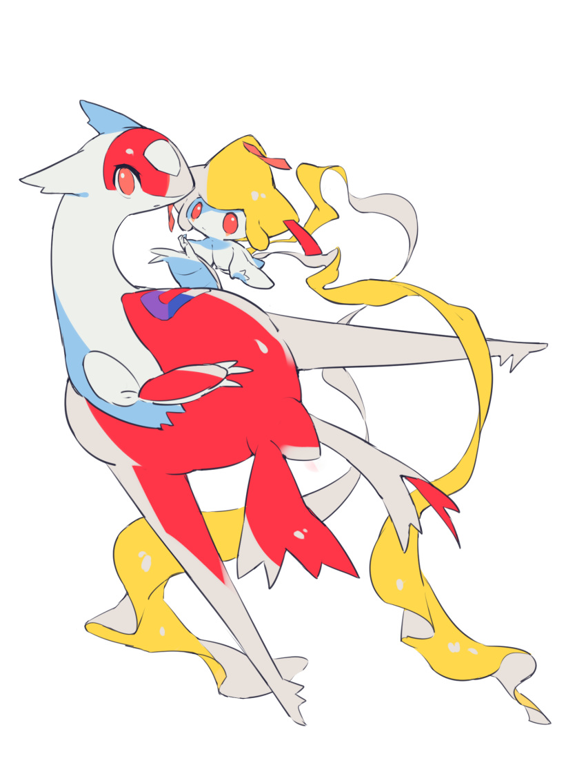 claws closed_mouth commentary_request gen_3_pokemon hideko_(l33l3b) highres holding_hands jirachi latias legendary_pokemon looking_at_viewer mythical_pokemon no_humans no_pupils pink_eyes pokemon pokemon_(creature) white_background